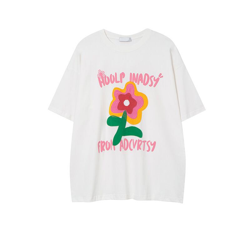 【逃離地球シリーズ】★Tシャツ★ 2color トップス 半袖シャツ 男女兼用 メンズ 花 可愛い ブラック ホワイト