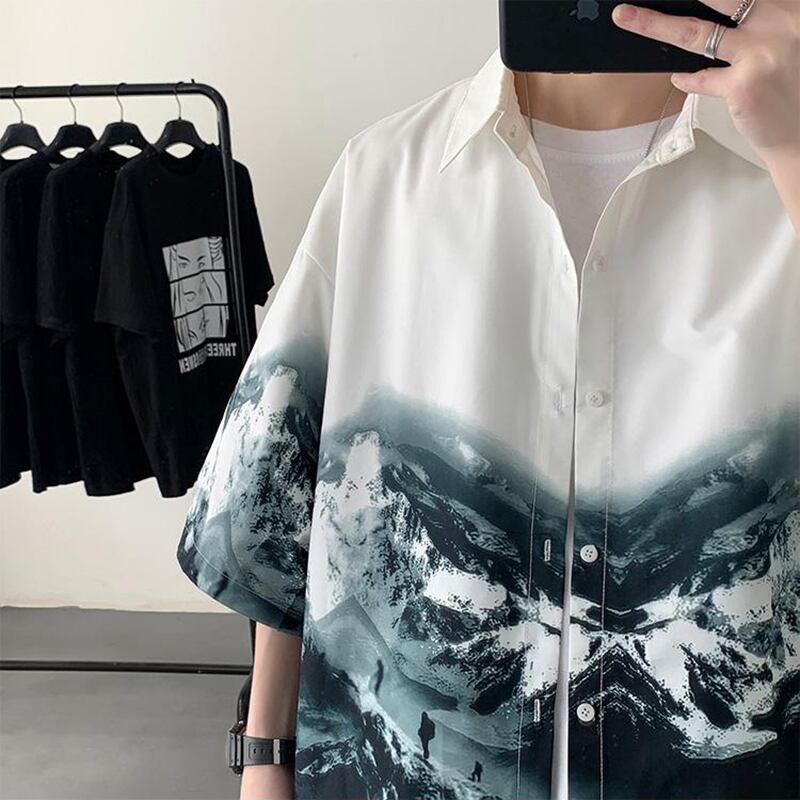 [Emeisa Series]★China Style Shirt★ 3color Tops Unisex Men's Fashion Snowy Mountain Pattern