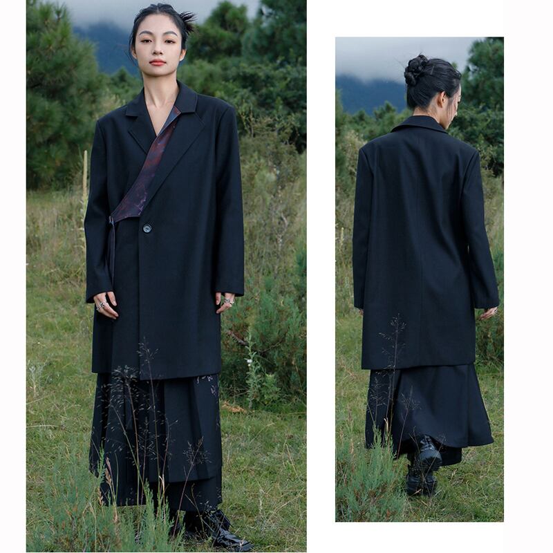 [Big Blue Dragon Series] ★China style coat★ Outer blazer Black Black lettering pattern Slimming changeover