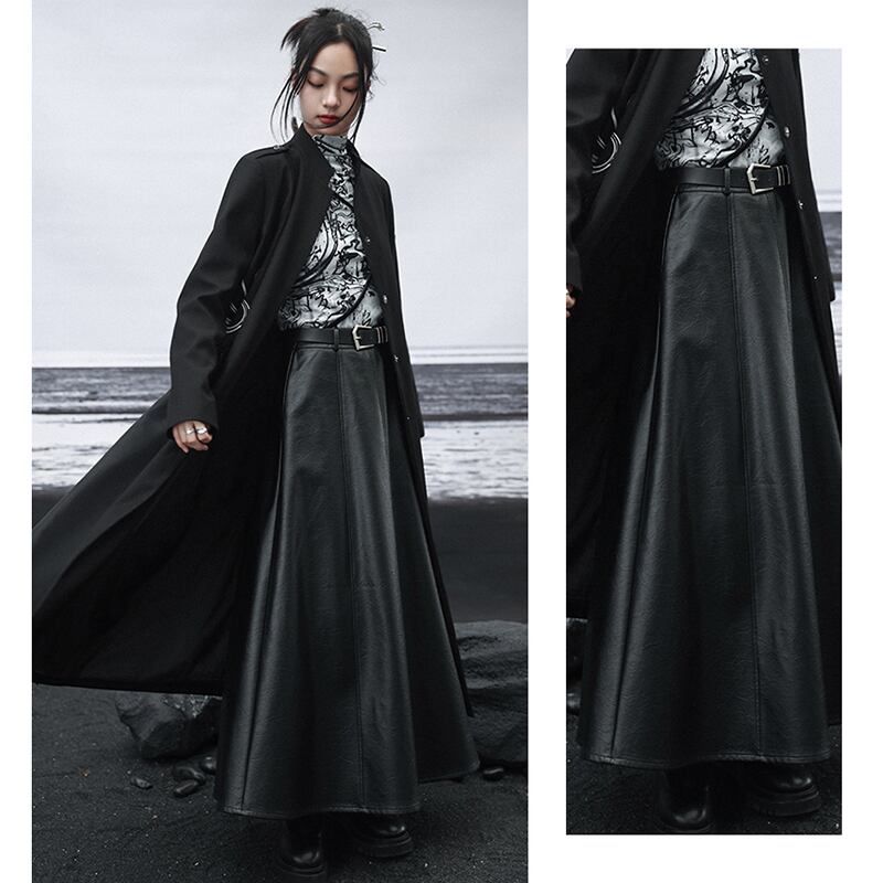 [Daiseiryusu Series]★Skirt★ PU Bottoms Long Length Plain High Waist Black Easy to match