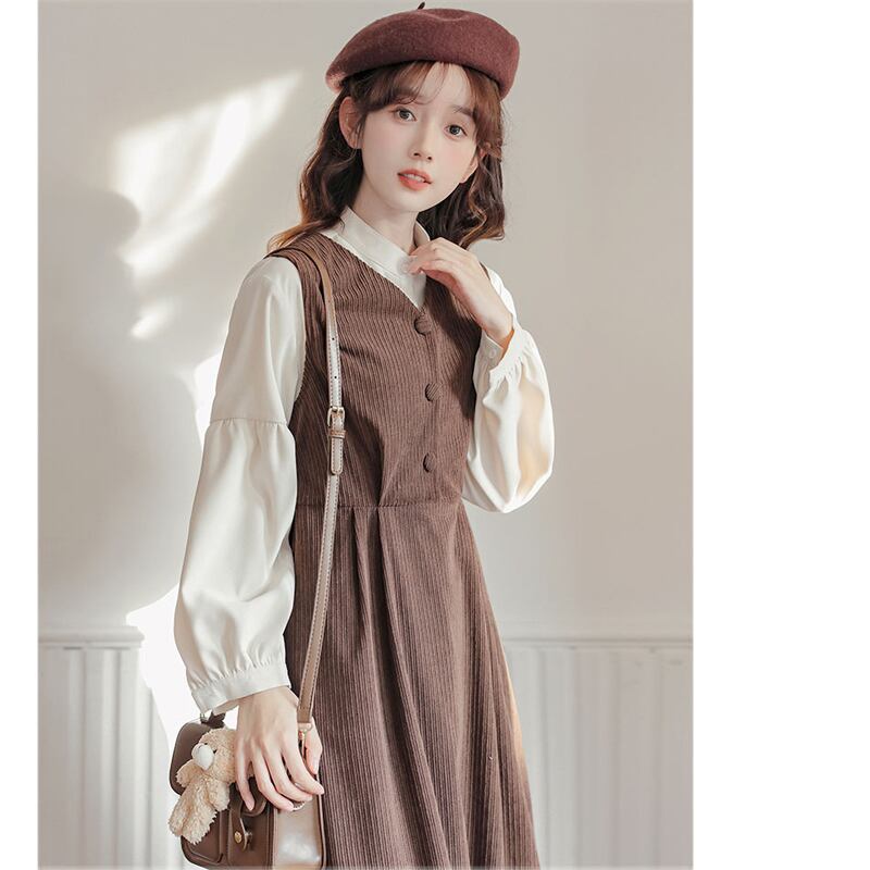 [Status series]★Setup★ 2color shirt + sleeveless dress Retro brown black