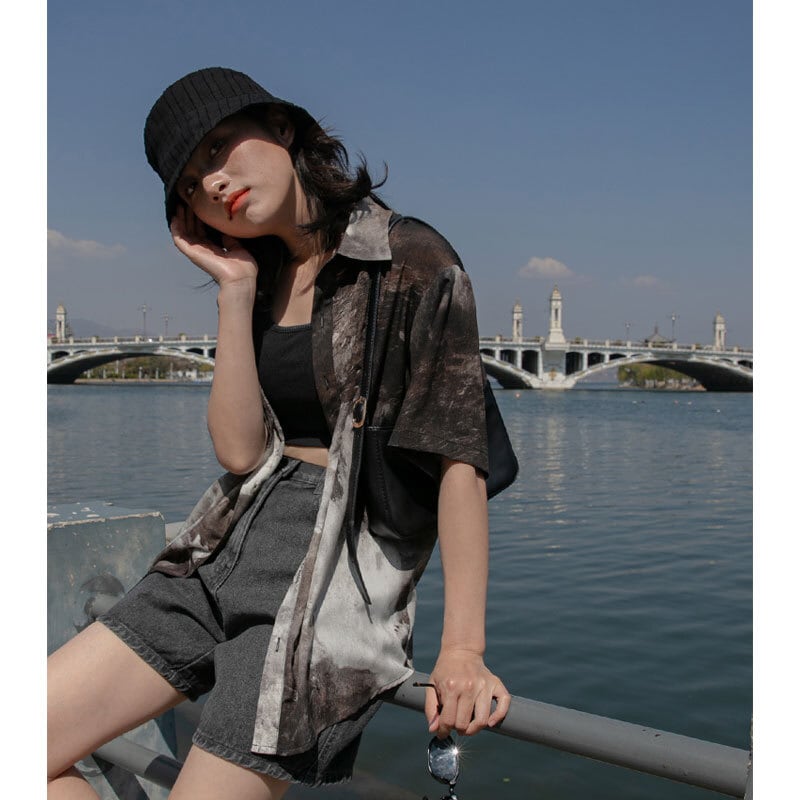 [YOUZI Series]★Shirt★ Tops Printed Short Sleeve Shirt Retro SML XL Fashion Thin Slimming Easy to Match