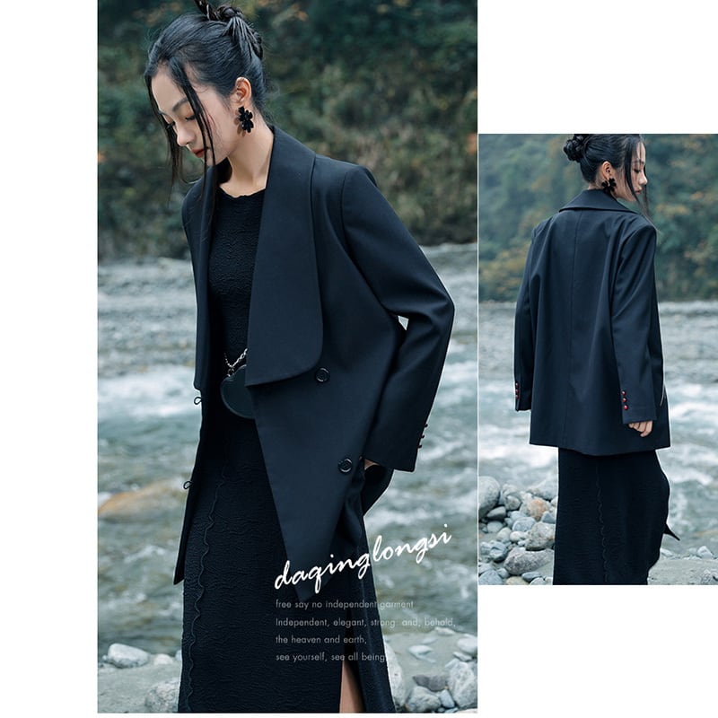 [Big Blue Dragon Series] ★China style coat★ Loose outerwear, embroidered, retro, easy to match, black, black