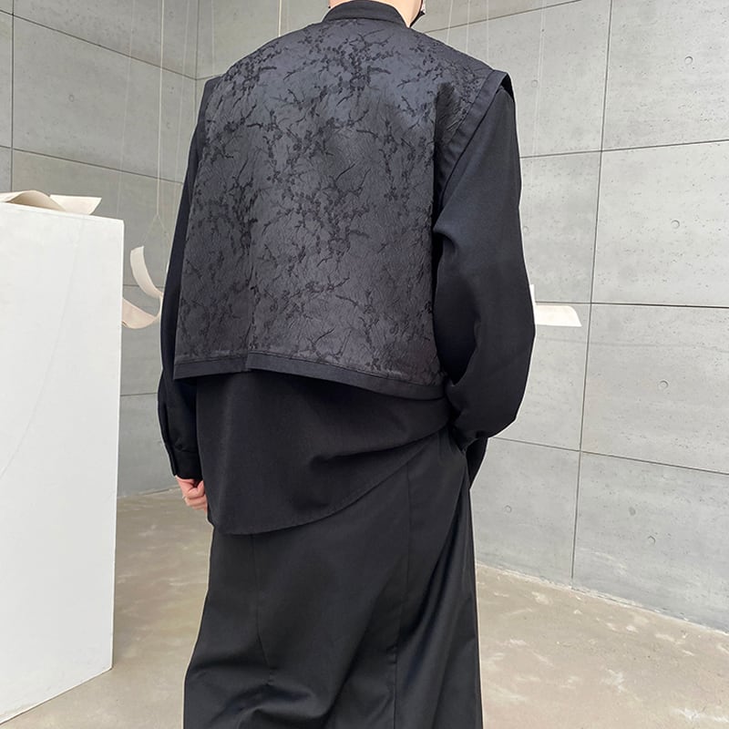 [Illustrated series] ★China style shirt★ Faux layered tops Unisex Men's Black Black