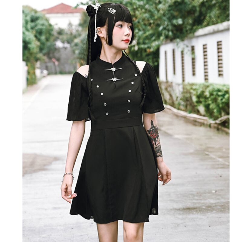 [Kokaisha---Dark Series]★China style dress★ Off-the-shoulder short length slimming original black black SML date