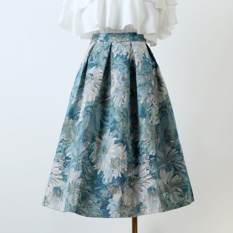 [MOERBEN Series]★Skirt★ Oil painting style bottoms Fashion Blue Cute Floral pattern Retro Large size