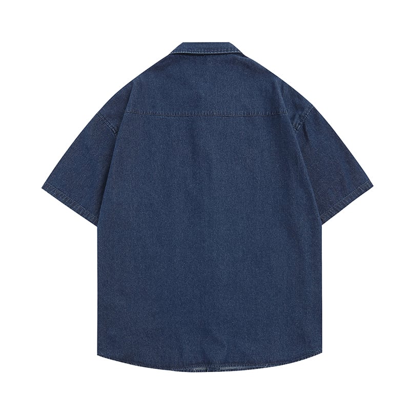 [PUDUN Series]★Denim shirt★ Tops, short sleeve shirt, unisex, men's, unique, embroidery, summer clothes, blue, blue