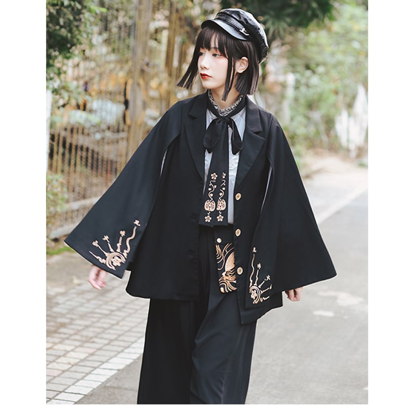 [Kokaisha---Mou Series] ★Chinese-style outerwear★ Cloak, embroidered, fashionable, black, ML, original, slimming