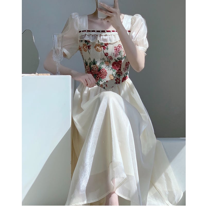 【Yuan Yuanシリーズ】★ワンピース★ 切り替え 油絵風 レトロ 半袖 夏ワンピース 気質アップ 可愛い