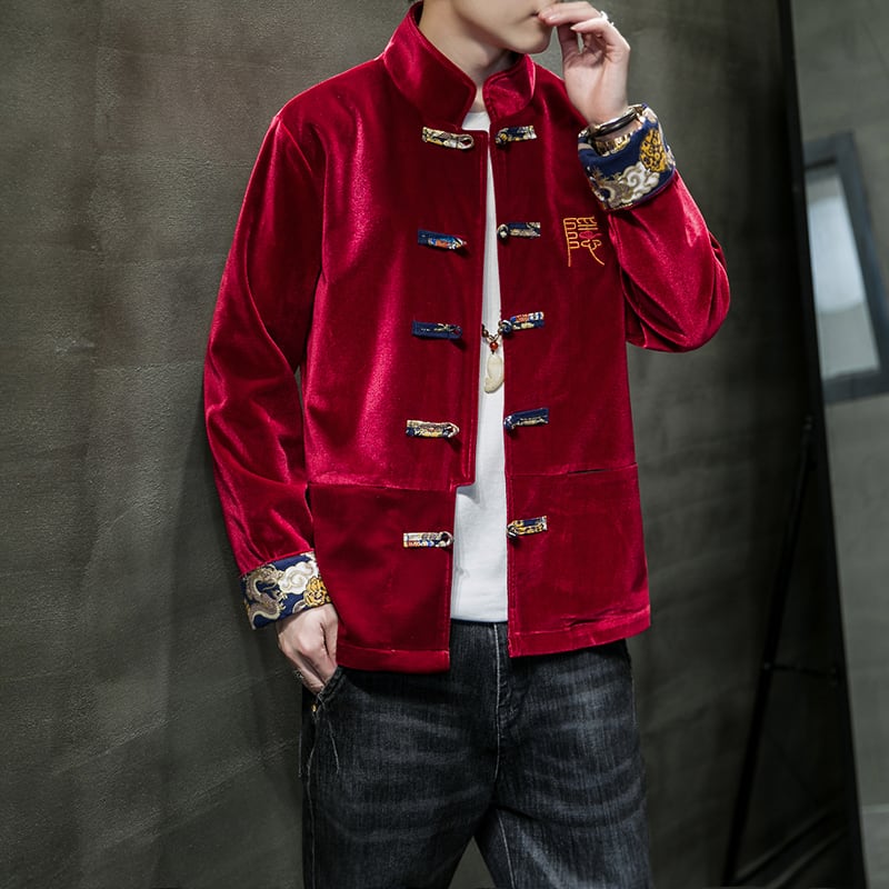 [Small trouble series] ★China style outerwear★ 2color black or red velvet embroidery jacket unisex large size