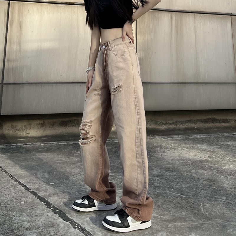 [SUFEI Series]★Denim Pants★ Trousers Bottoms Casual Distressed Unisex Brown Fashion