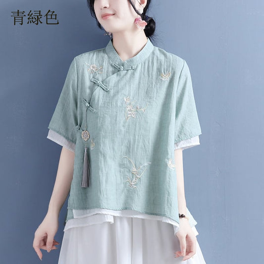 [Qing Series] ★Chinese style tops with decorations★ 4 colors cotton linen embroidery summer simple pink blue green white green