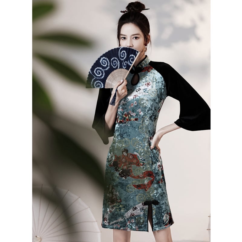 [YUEQIAO Series]★Cheongsam dress★Short length velvet Chinese style dress print retro