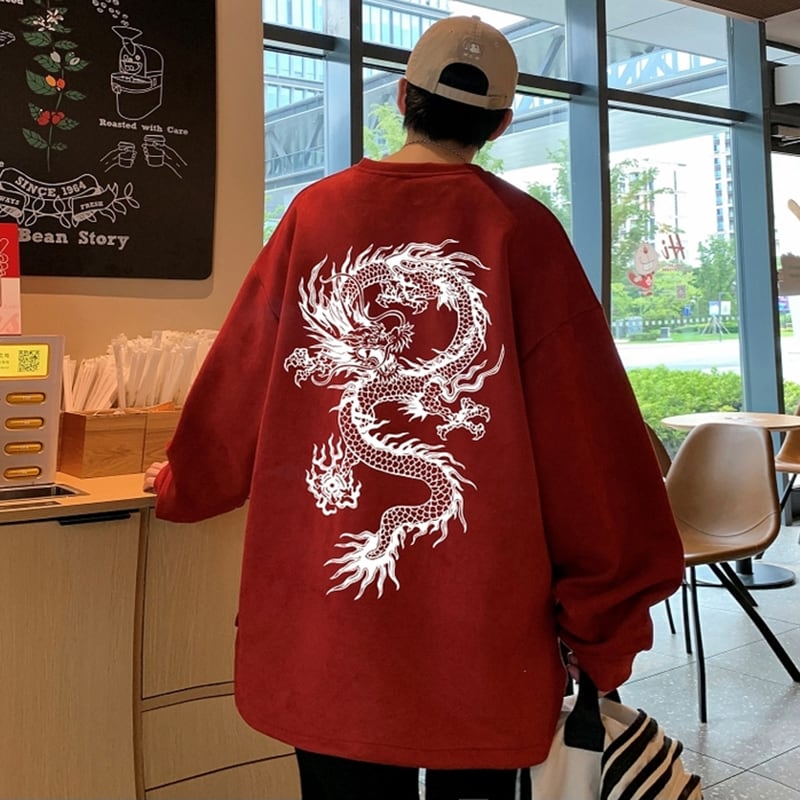 [JIAXUN Series]★China style tops★ 4color suede sweatshirt sweatshirt dragon dragon pattern unisex men's round neck