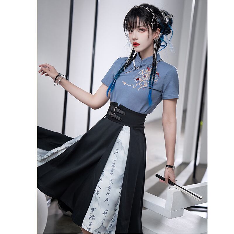 [Kyodo Series]★China style T-shirt★ Tops 2color embroidery short sleeve T-shirt cotton retro mini length blue white