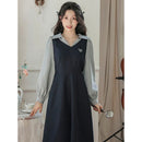 [DANSAIZI Series] ★One Piece★ Faux Layered POLO Neck Switching Ladies Blue Black