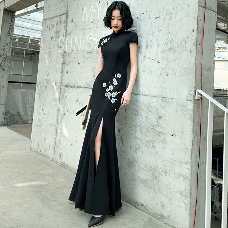 [Chouga series] ★Long length cheongsam dress★ 6 size mermaid line black