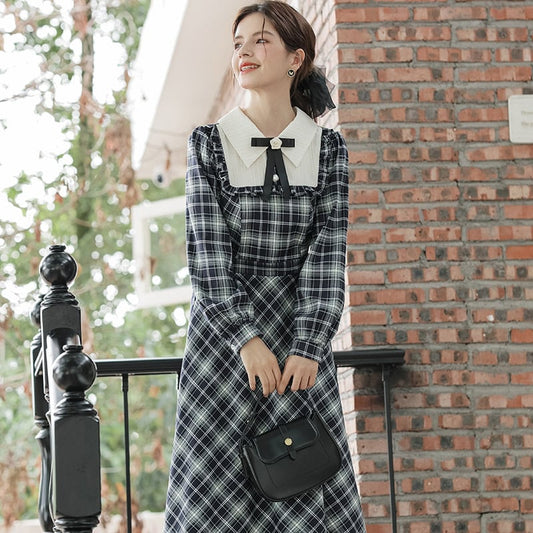 [Big Orange Series] ★One Piece★ Plaid Retro Ladies Commuting Date School Blue Blue Cute