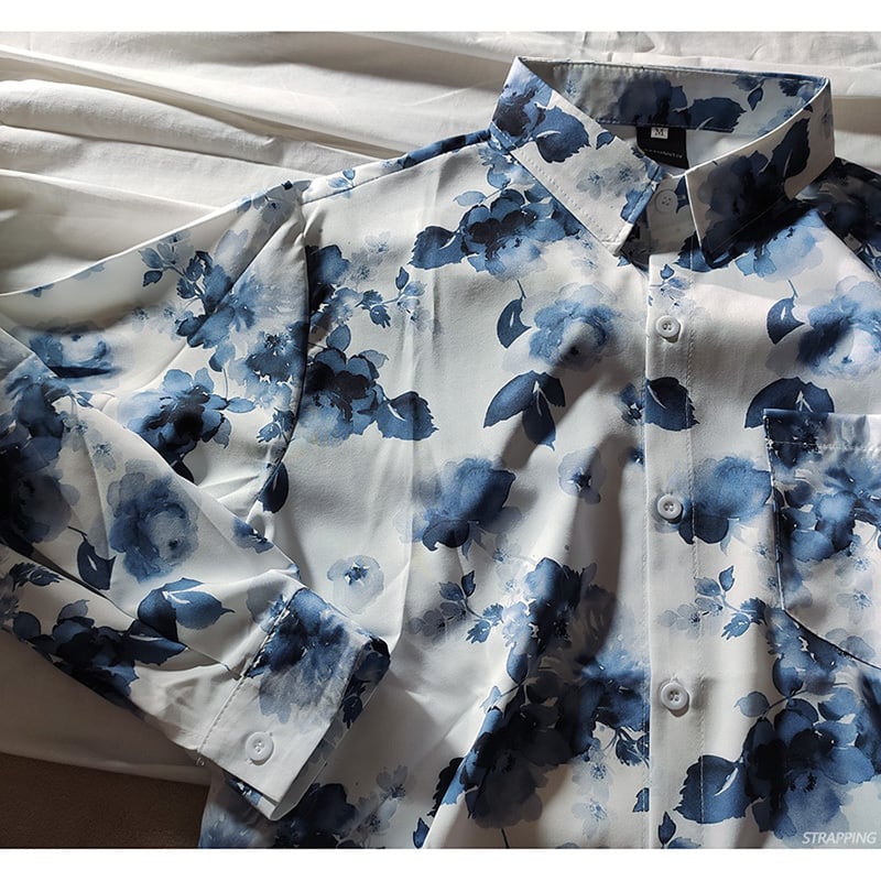 [STRAPPING Series]★Shirt★ 2color Tops Print Unisex Men's Spring Clothes Autumn Clothes Thin Floral Pattern Blue White