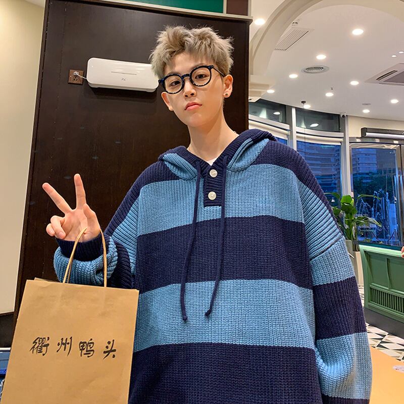 [NANSHI Series]★Sweater★ 2color Knit Parka Tops Unisex Men's Horizontal Stripes Striped Pattern Black Blue