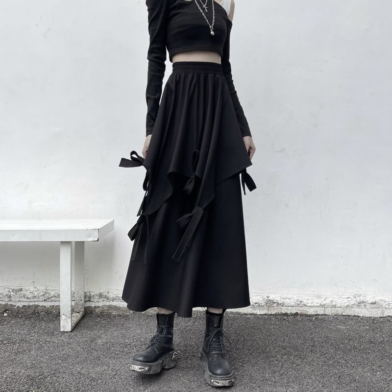 [Miyakoya Series]★Skirt★ Bottoms Irregular Asymmetrical Unique Harajuku style Easy to match Slimming Elastic waist Black Black