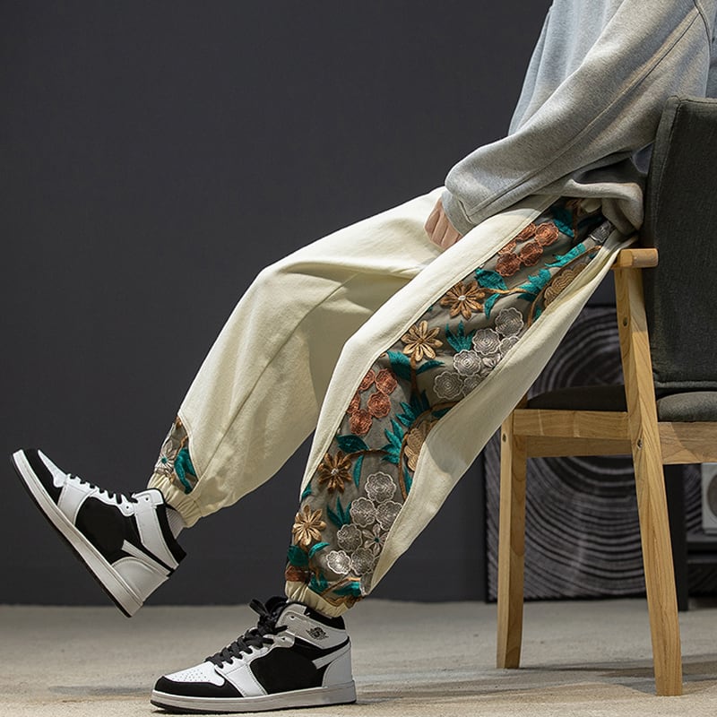 [Small trouble series] ★ Chinese style pants ★ Casual pants 4 colors Black or beige Embroidery Floral pattern Unisex Large size