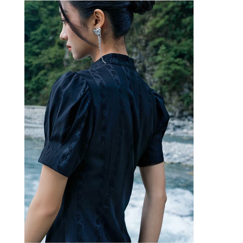 [Da Qinglong Shu Series] ★China-style dress★ Improved cheongsam dress, fringe, short length, switching black, black