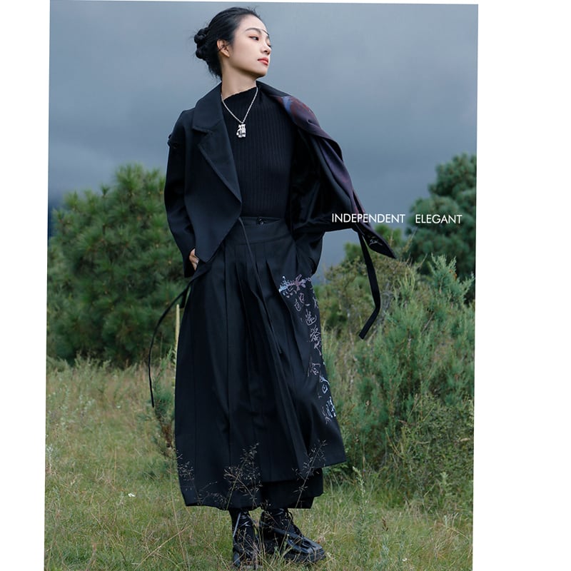 [Da Qinglong Shu Series]★China style trousers★ Gaucho pants Improved Chinese clothing Black Black Casual Cute Letter pattern