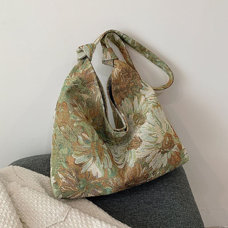 [Ako series] ★Oil painting style bag★ 3color tote bag Floral pattern Blue Green Black Easy to match