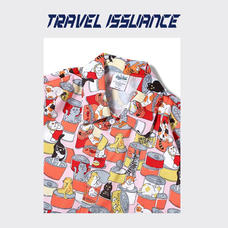 [TRAVEL ISSUANCE Series]★Shirt★ 2color Blue or Red Cat Cat Cat Pattern Print Unisex Men's Beach Travel Photography