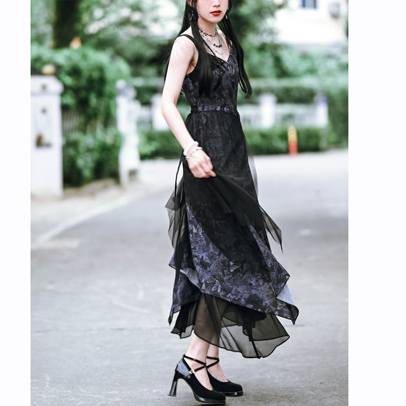 [Ancient monster house --- Butterfly series] ★China style dress★ Hanging dress Butterfly pattern print Long length Cute