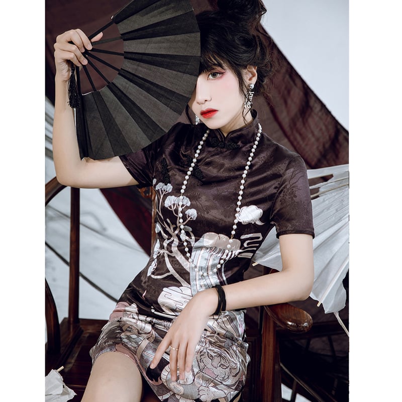 [Kyoto Series] ★China style dress★ 2color black or white cheongsam dress slim retro print large size