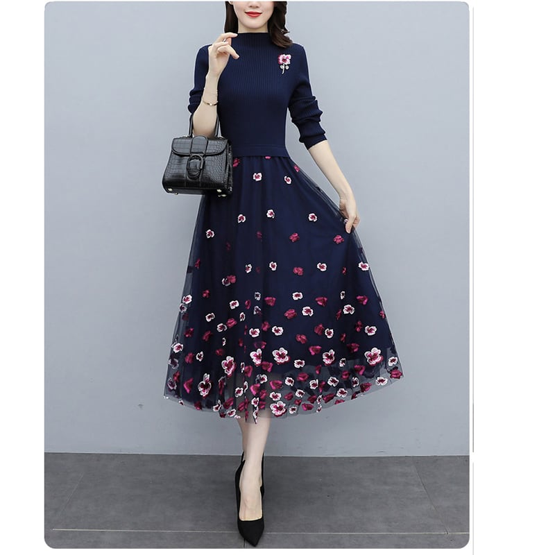 [Ebi Kei Series] ★One piece★ Stretchy knit dress Embroidery dress Floral pattern Elegant Blue Blue