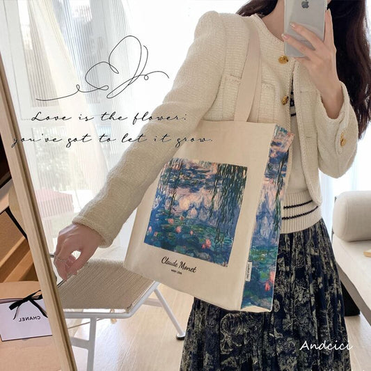 [Andcici Series] ★Bag★ Large capacity oil painting style campus bag for commuting to work or school, date, casual, blue, blue