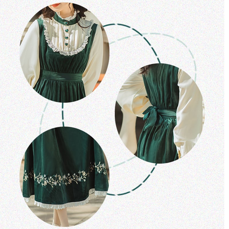 [Nan Kemu Series] ★One Piece★ Long Length Velvet Embroidery Women's Commuting Date Green Green SML XL