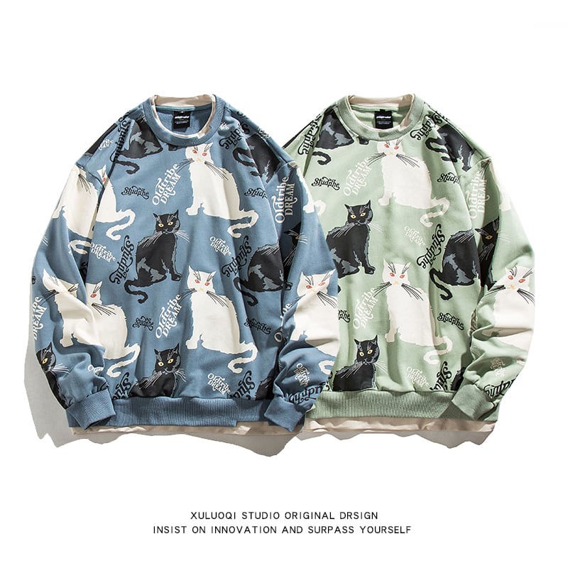 [Satoru Series]★Tops★ 2color Blue or Green Faux Layered Cat Pattern Cat Unisex Couple Clothes Loose