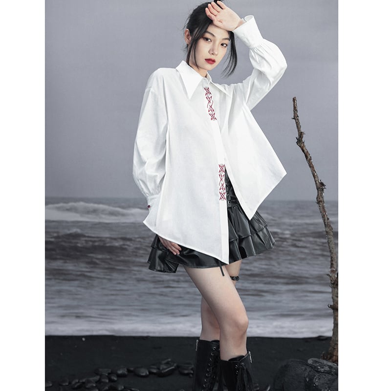 [Da Qinglong Shu Series] ★Chinese style shirt★ Embroidered Chinese clothing Original White White Unique Cotton Easy to match