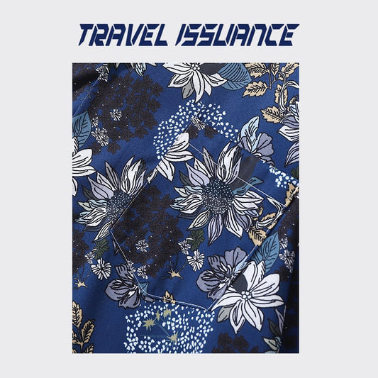 【TRAVEL ISSUANCEシリーズ】★花柄シャツ★ 男女兼用 メンズ 個性的 ゆったり 合わせやすい ダークブルー 青い