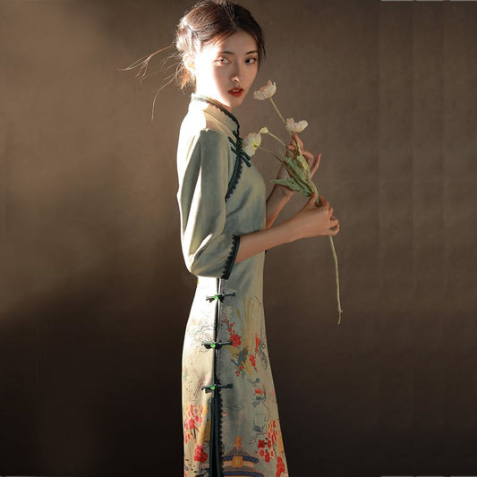 [Mila Ding Series] ★Cheongsam dress★ Chinese style dress for photography, wedding, party, floral pattern, improves temperament