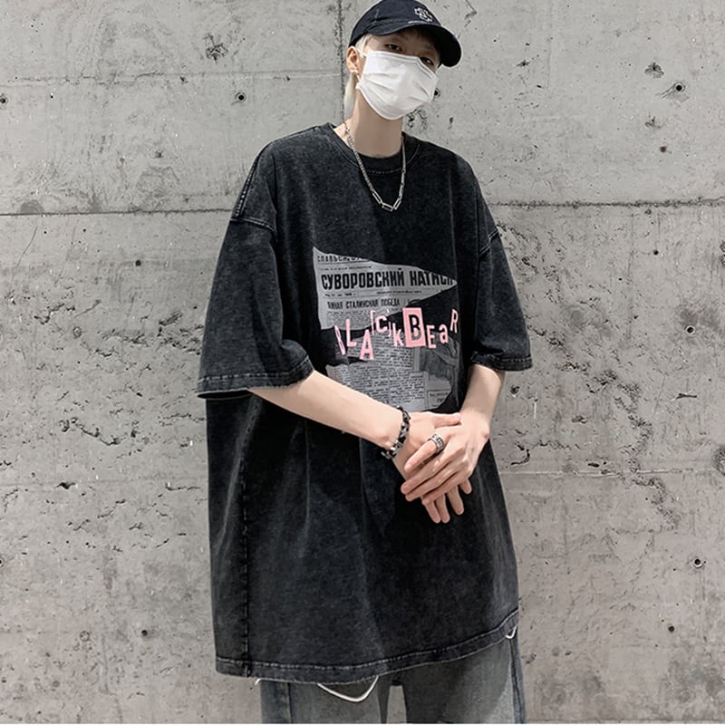 [FST Series] ★Short sleeve T-shirt★ Retro style tops T-shirt unisex men's large size black gray