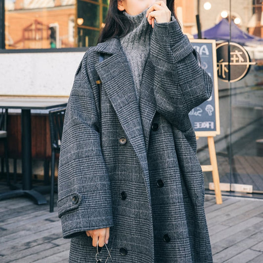 [Kakachen Series] Trench coat outerwear dark gray plaid pattern loose cute