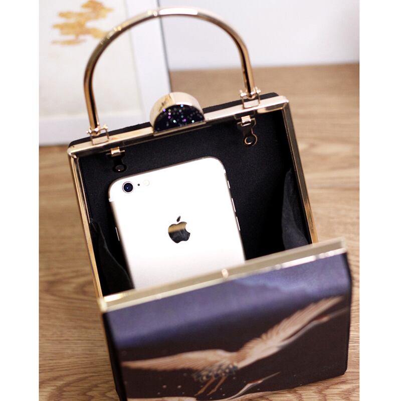 Chinese style bag handmade crane pattern travel everyday photography party retro chain black elegant