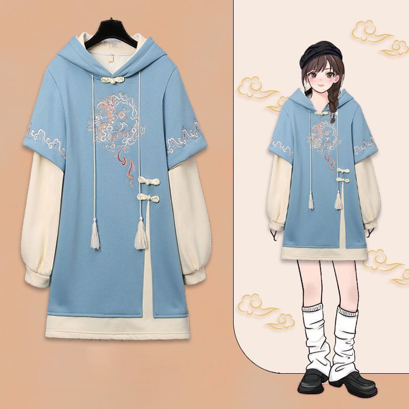 [Bamboo Series] ★Chinese style hoodie★ Fleece lining hoodie dress Chinese clothing embroidery Large size Blue Blue