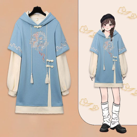 [Bamboo Series] ★Chinese style hoodie★ Fleece lining hoodie dress Chinese clothing embroidery Large size Blue Blue