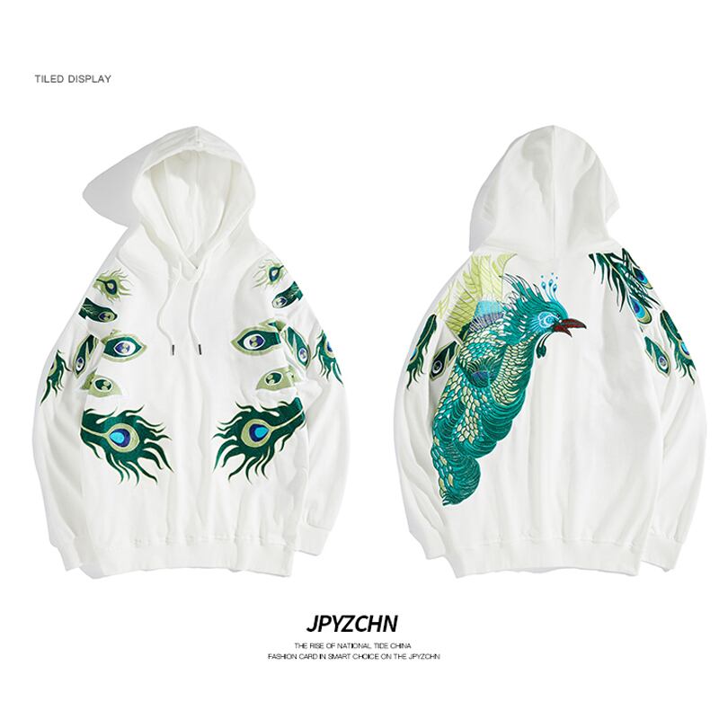 [Machiha clan series] ★Embroidery Chinese style hoodie★ 2color black or white peacock original cool