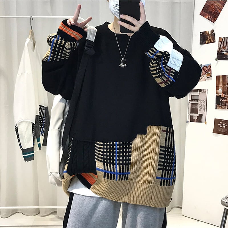 [Gyoshoen Series] ★Tops★ 2color Black or White Switching Casual Unisex Loose Plaid Pattern Black White