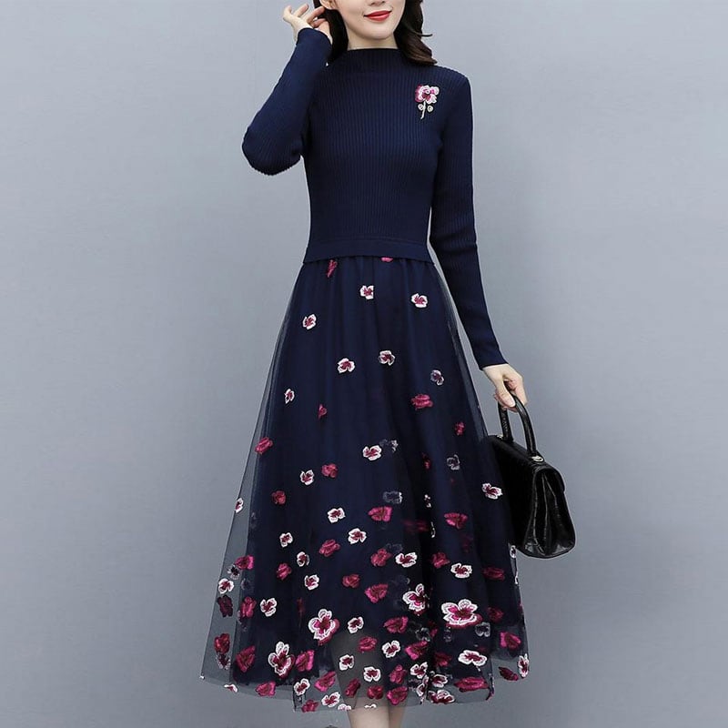 [Ebi Kei Series] ★One piece★ Stretchy knit dress Embroidery dress Floral pattern Elegant Blue Blue