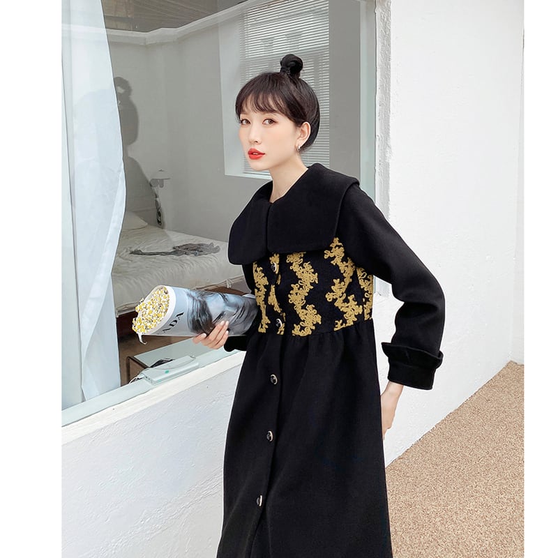 [First look series] ★China style coat★ Long coat outerwear coat cute black gold black SML