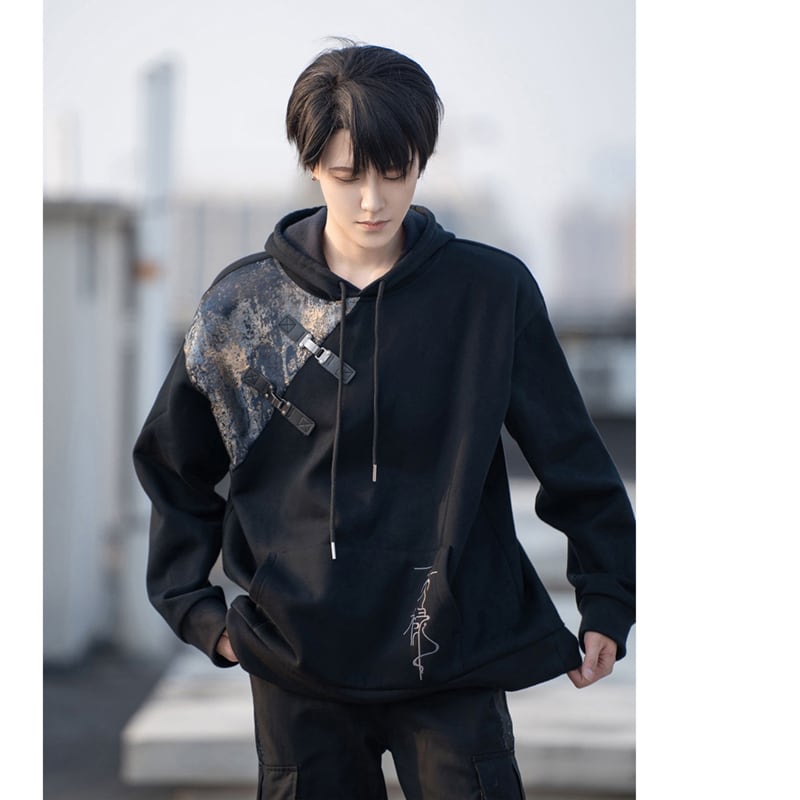 [Kyodo Series]★China style hoodie★ Tops Unisex Men's Switching Black Black Original