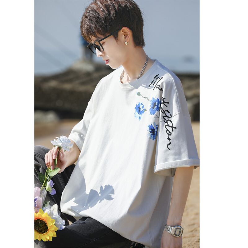 [MANYSTON Series]★T-shirt★ Tops 3color Unisex Men's Short Sleeve Floral Pattern Blue White Black Casual